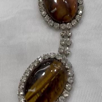 Rhinestone Jewelry Set with Tiger Eye. Vintage Antique Look. Earrings + Necklace.