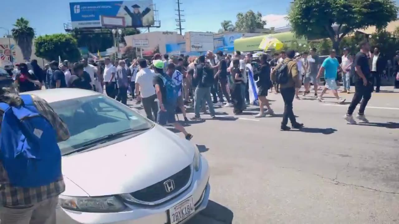 Free Palestine mob clash with Jews outside a synagogue in California..