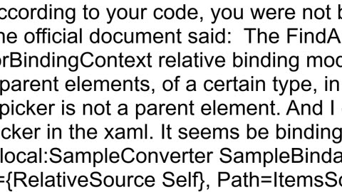 In the following example from Net Maui XAML 2009 why does the RelativeSource fail to get the Picker