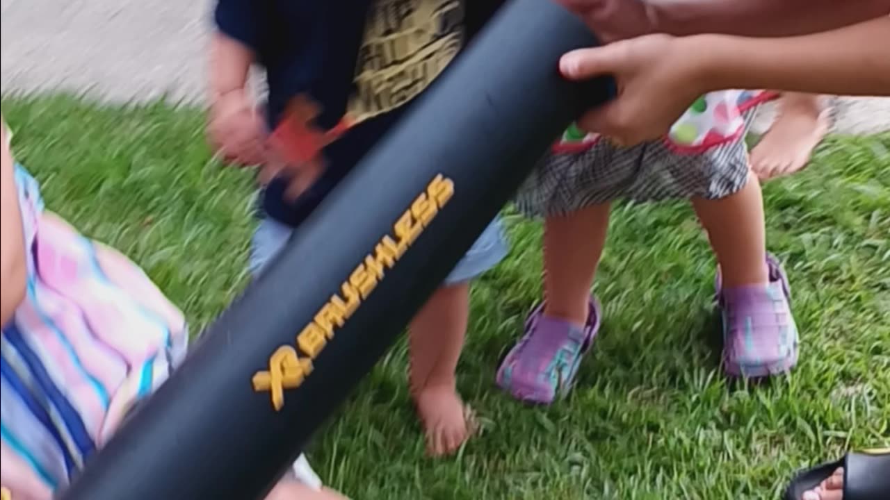 Adorable little kids laugh about leaf blower