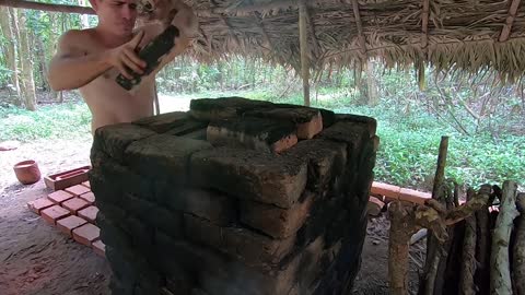 Primitive Technology: Wood Ash Cement & Fired Brick Hut