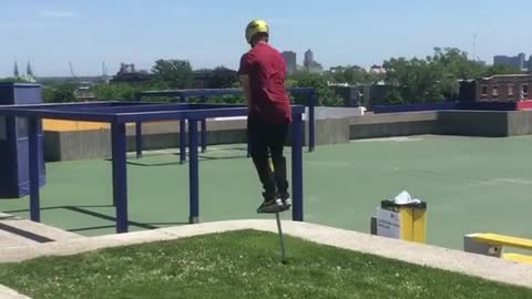 Talented pogo artist performs incredible flip-over