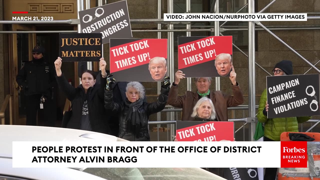 Protesters Gather In Front Of The Office Of NY DA Alvin Bragg Ahead Of Possible Trump Indictment