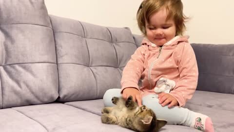 Cute Baby Meets New Baby Kitten for the First Time!