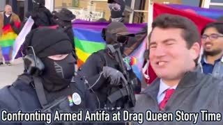 Alex Stein confronts armed Antifa members at a Drag Queen Story Time in Denton, Texas.