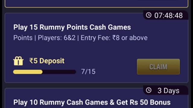 Rummy earning app and offer claimed