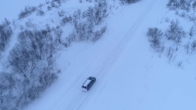 aerial car driving along snowy road past naked frosty trees in winter wonderland