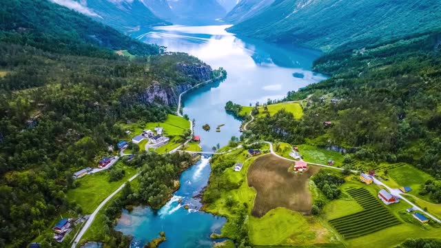 beautiful nature norway natural landscape aerial footage lovatnet lake