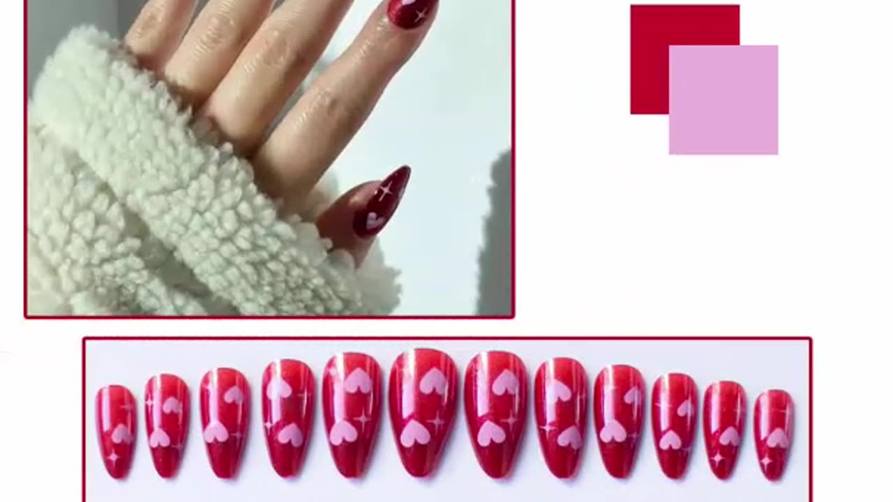 24Pcs Valentine's Day Press on Nails Medium Length Dark Wine Red Fake Nails