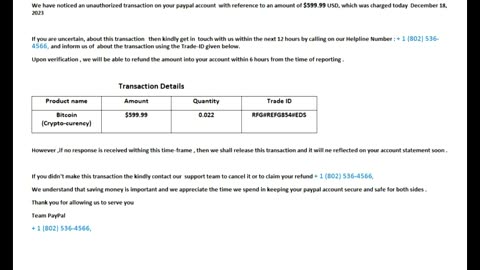 Outgoing Call To Alleged PayPal About Bitcoin Charge: 802-536-4566, December 18, 2023