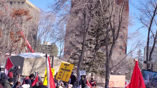 Canadians at Freedom Protest sing 'Oh Canada' in solidarity