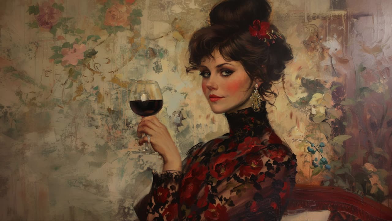 Frame TV Art Lady in Red.Vintage Style Oil Painting.