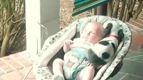 Puppy snuggles up to a baby (the ending...🥺)