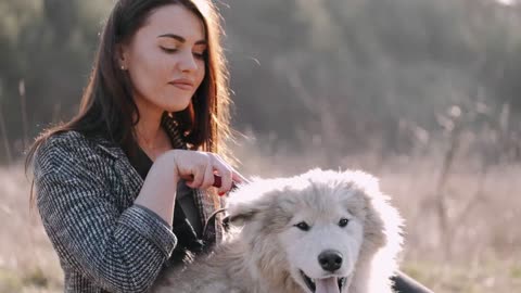 A woman combing her dog excess hair