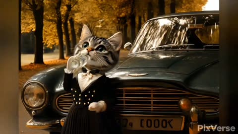 Majestic Black Cat Drives Luxurious Car Amid Mountain Sunset