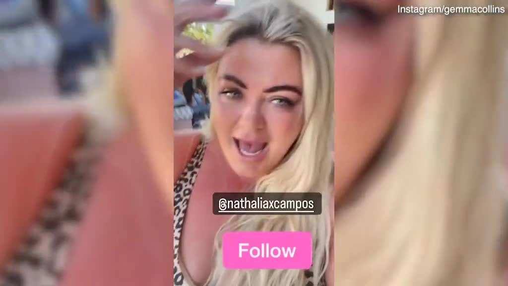 Gemma Collins shows off her leopard print swimsuit with pal