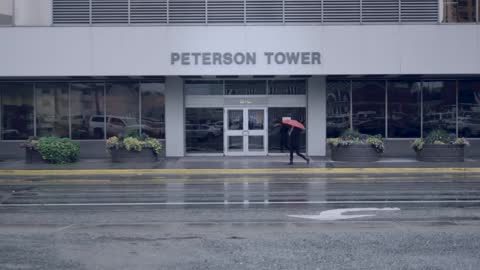 Rainy Street With Red Umbrella Girl Walking