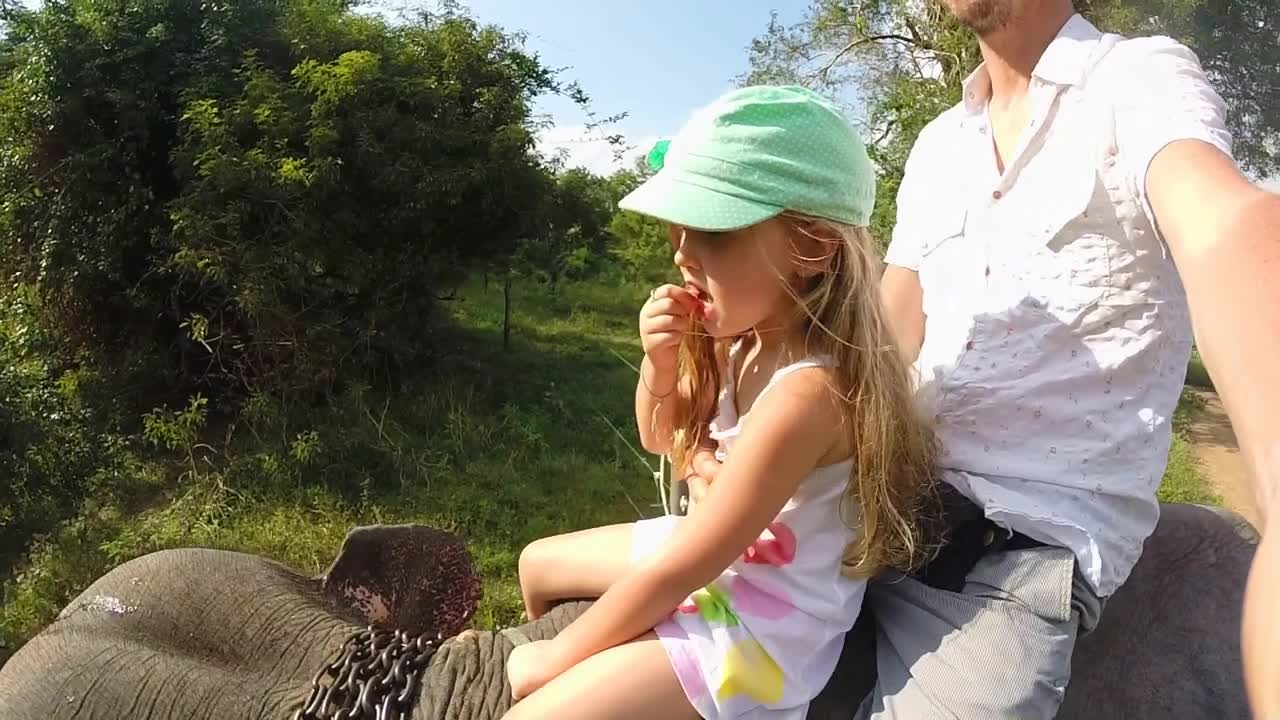 Cute little blond girl enjoying elephant safari with her father in Sri Lanka