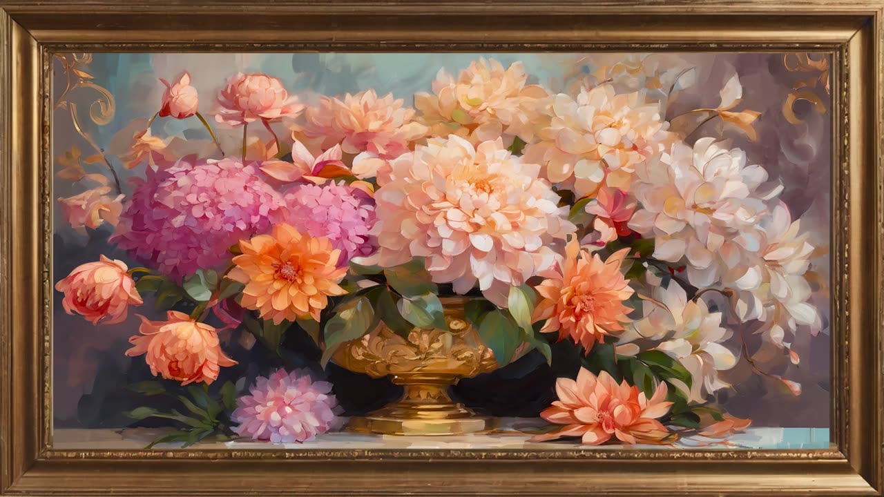 Vintage Hydrangea and Dahlia Painting | Antique Gold Frame TV Art | Framed Art Screensaver for TV