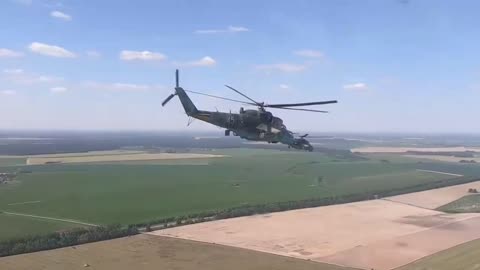Mi-24 combat helicopters of the Belarusian Air Force on patrol in the border area with Ukraine