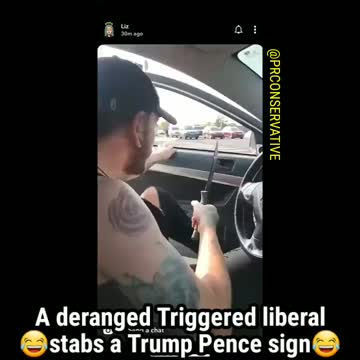 Triggered! Derangement maniac stabs Trump Pence sign