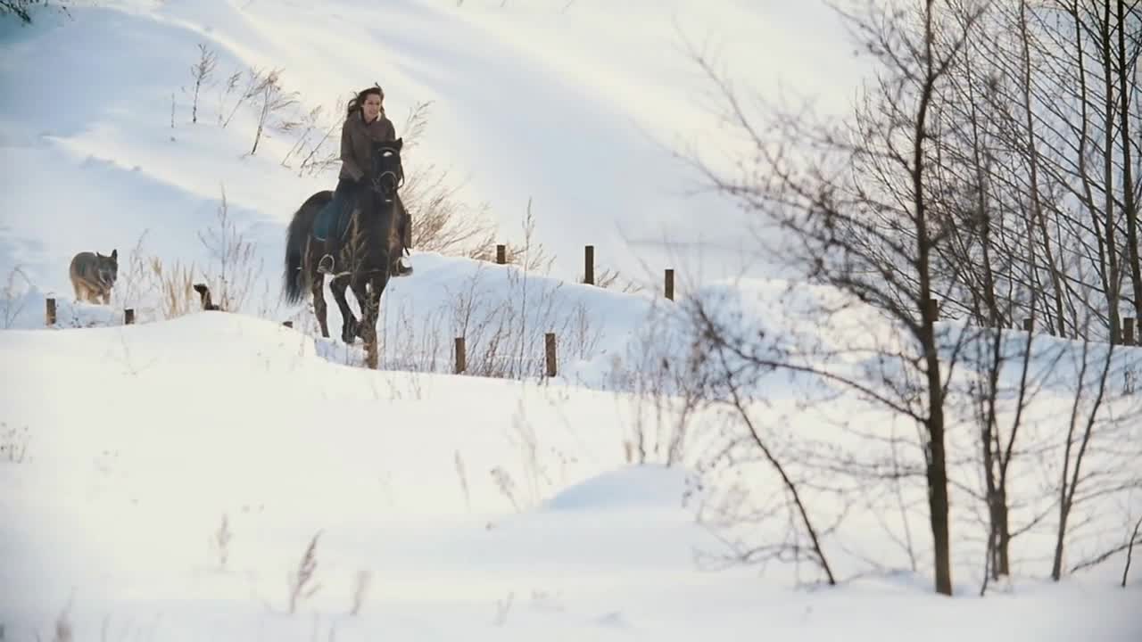 Beautiful longhaired female rider riding a black horse through the snow along the path