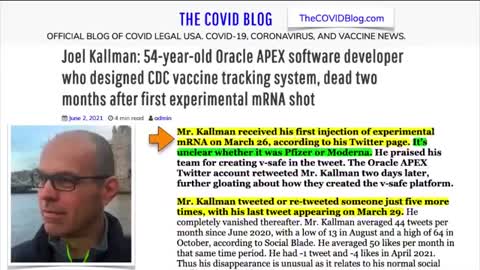 CDC'S VACCINE TRACKING SYSTEM DEVELOPER DEAD TWO MONTHS AFTER TAKING THE VACCINE