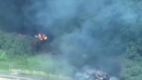 Destroyed column of Russian Armoured vehicles