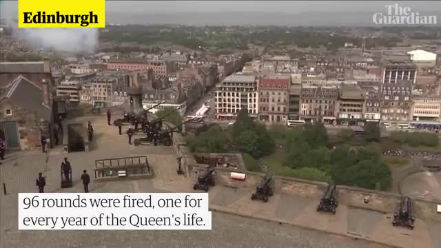 Ninety-six-round gun salutes fire for the Queen