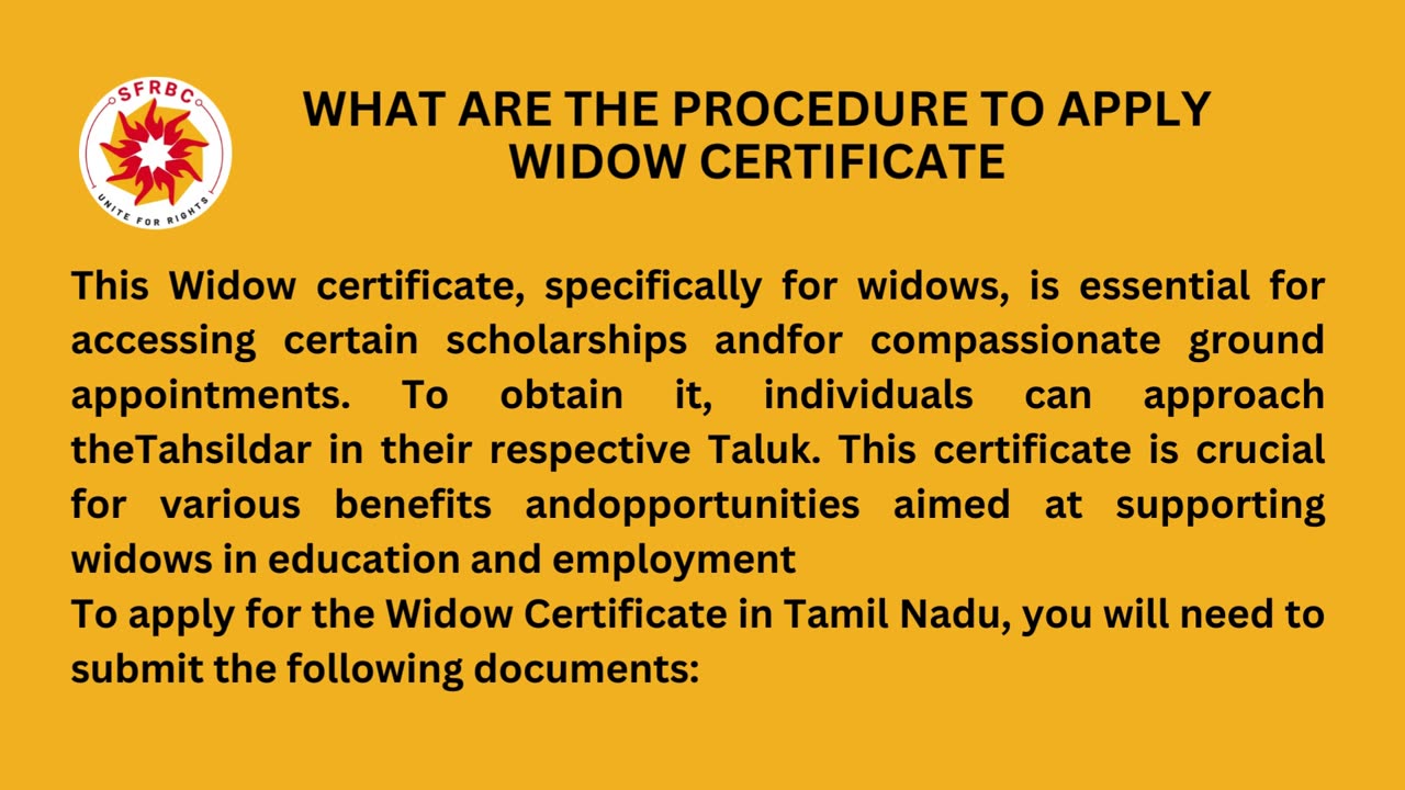 Widow Certificate application needed documents in Tamil Nadu