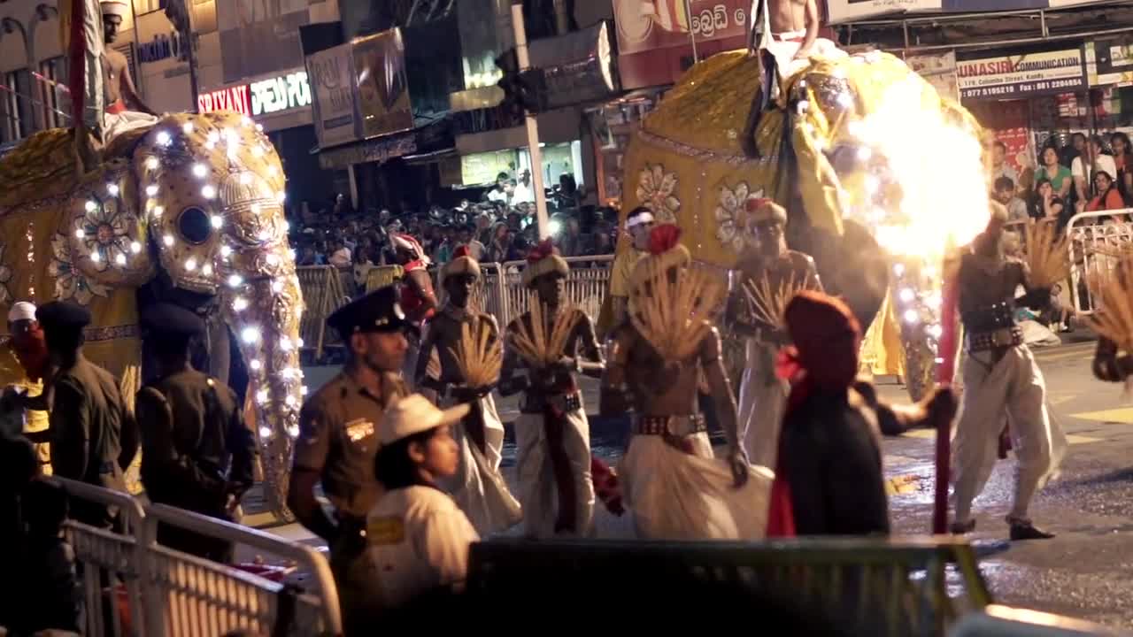 Elephants dressed in shimmering robe taking part with dancers and drummers in Buddhist