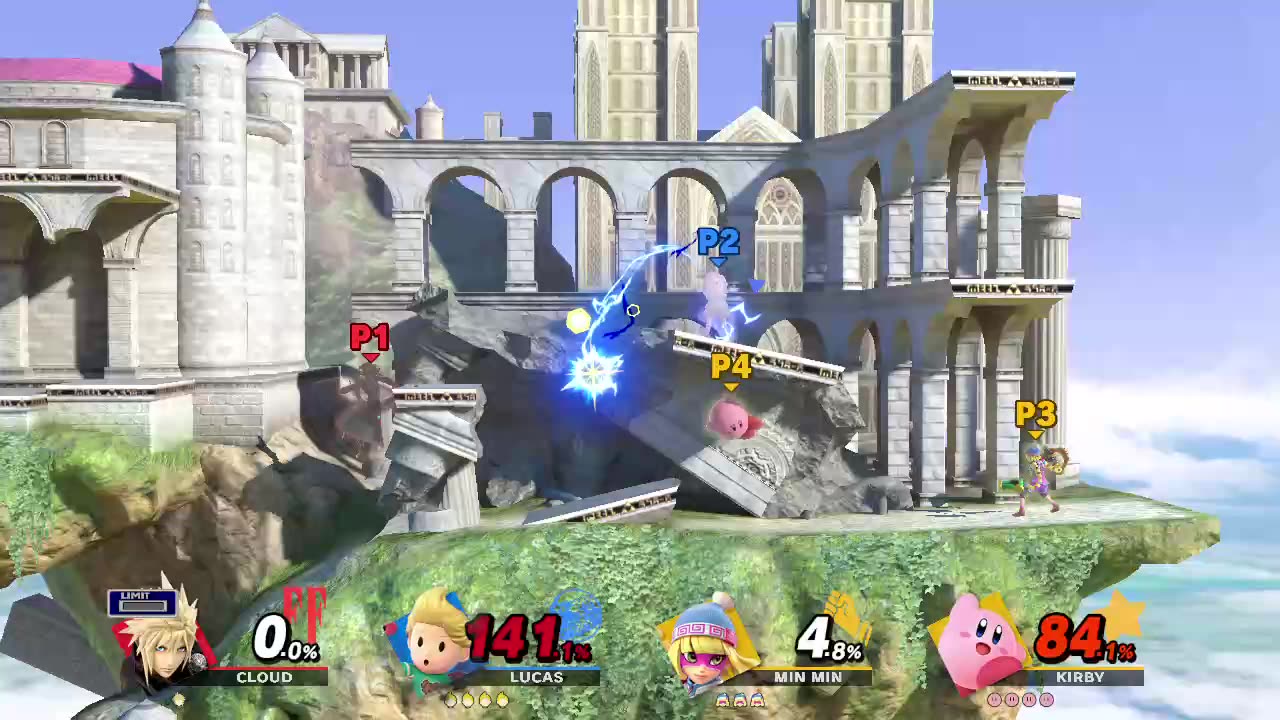 Cloud vs Lucas vs Min Min and Kirby on Temple (Super Smash Bros Ultimate)