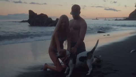 A couple petting their dog on the beach_batch