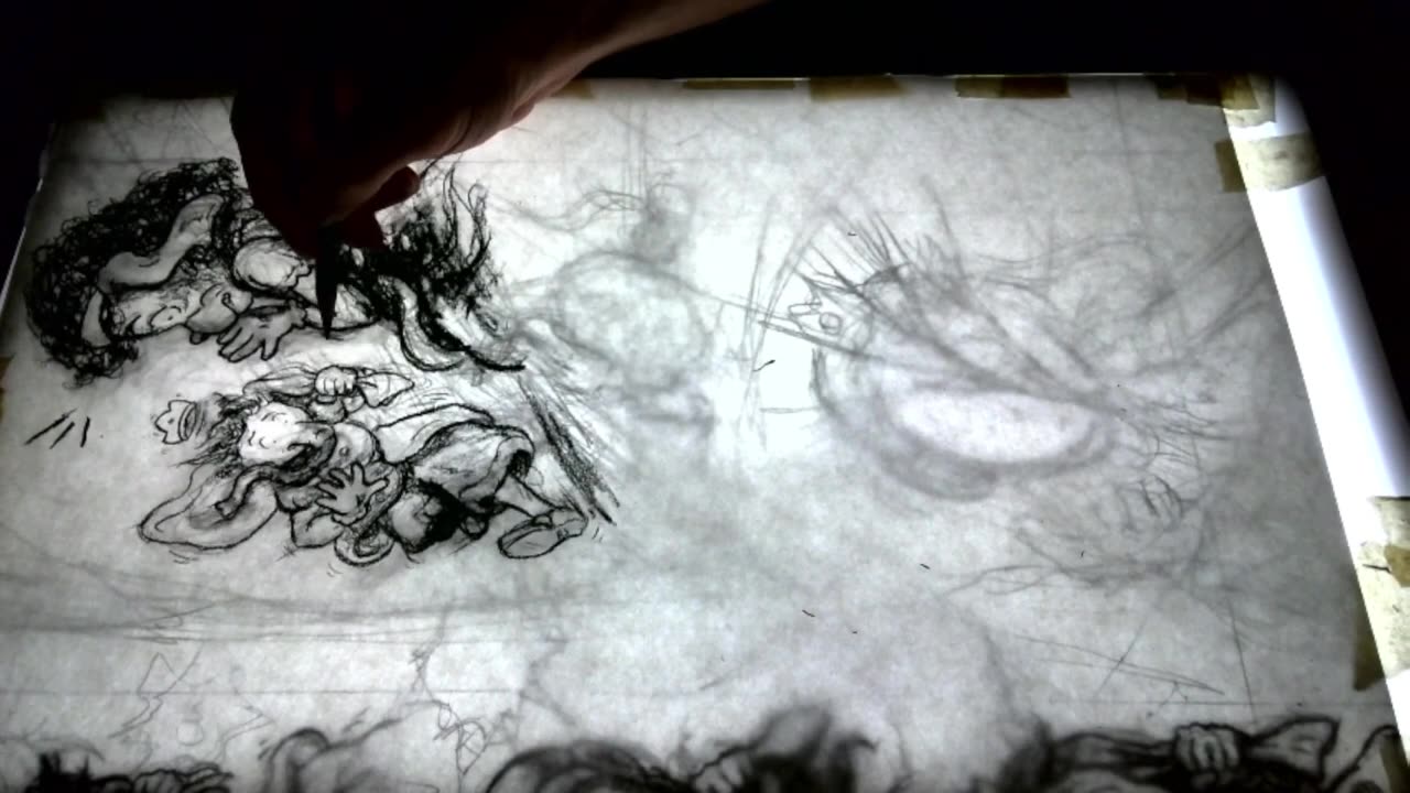 Draw and Chill: charcoal art for page 119 with tunes by @trashkidd