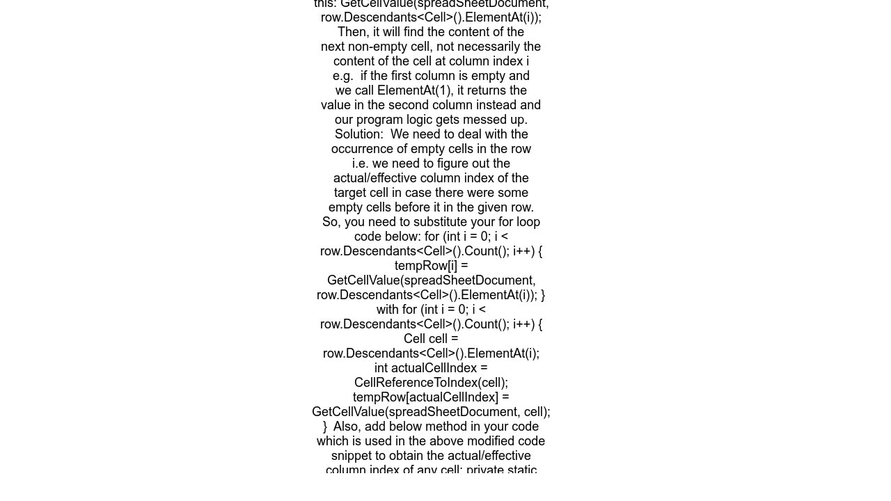 C# OPEN XML empty cells are getting skipped while getting data from EXCEL to DATATABLE