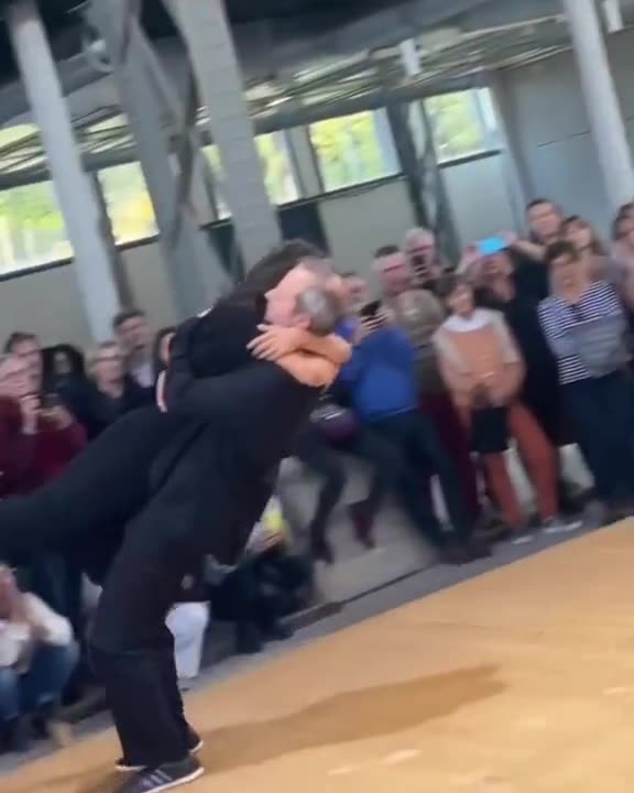 Choreographer Yoann Bourgeois and a female dancer performed a gravity-defying pas de deux.