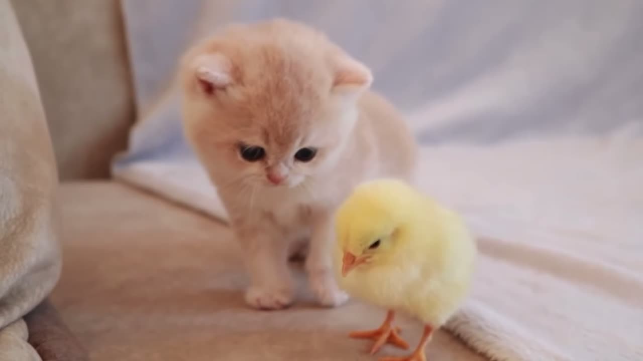 Kittens walk with a tiny chicken