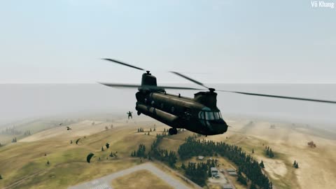 CH-47 Chinook transport helicopter conducts paratrooper drop exercise at airport