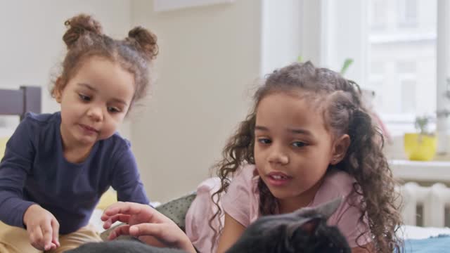 Kids Petting Their Cat On The Bed 02