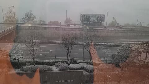 Snowy landscape seen through the window.