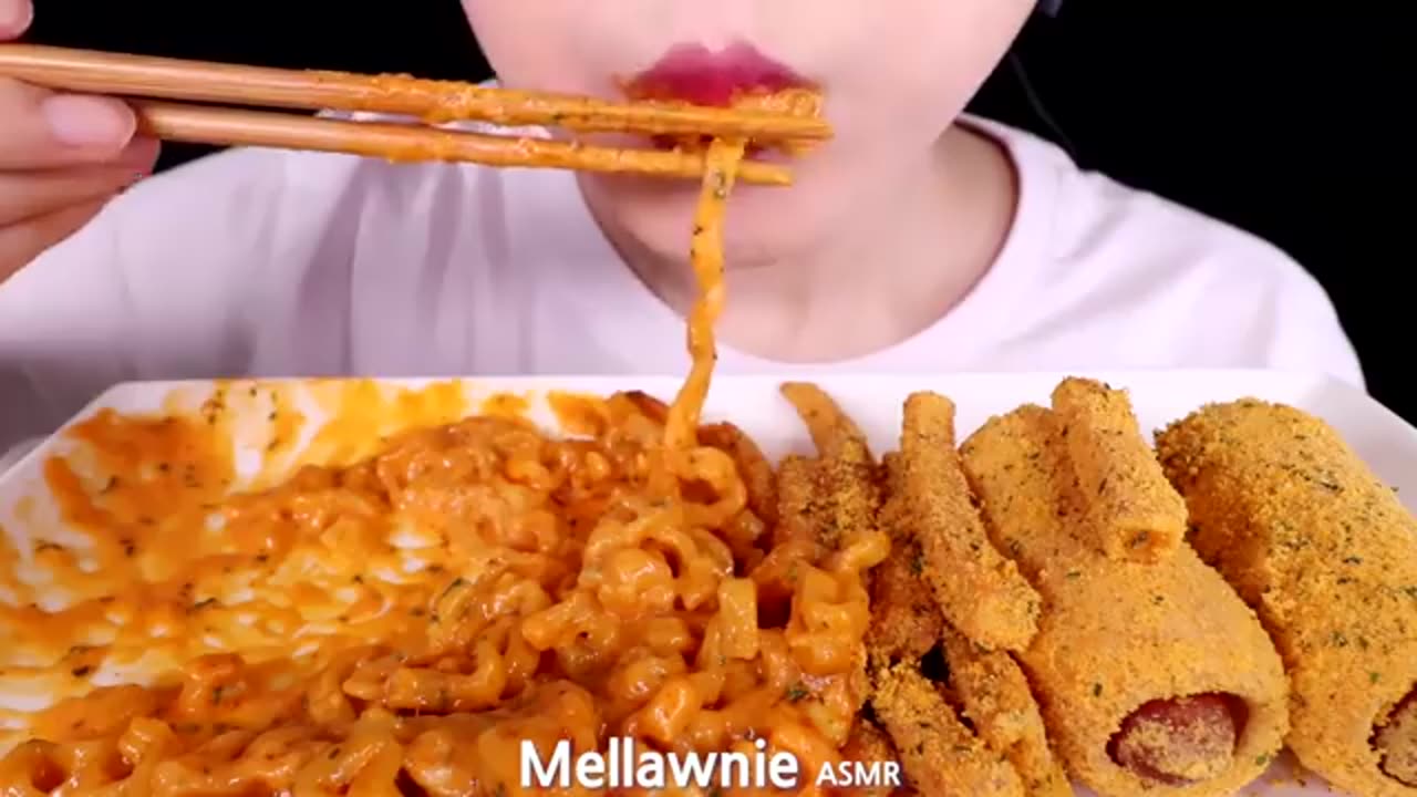 ASMR CHEESY CARBO FIRE NOODLES, CORN DOGS, FRIES