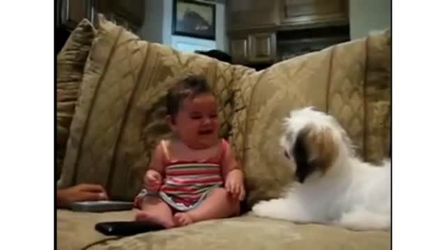 Cute baby girl laughing at her dog's barking