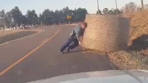 Cop Lifts Bale Of Hay By Himself Out Of Road