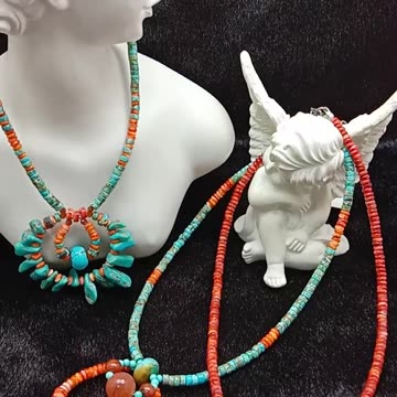 Natural turquoiseand orange spiny oyster garnet beads pendant necklace full strand 16inch02