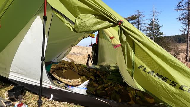 Inside the lightweight trekking pole tent. DARTMOOR.