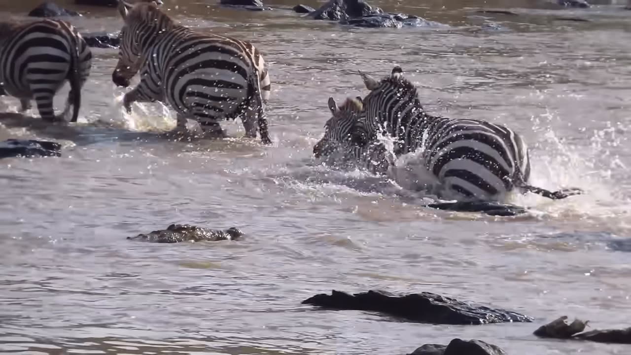 Crocodiles Bite The Face Off Zebra While Crossing Mara River on a Safari in Kenya