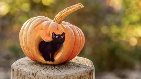 Black cat in pumpkin ليلة الهالوين