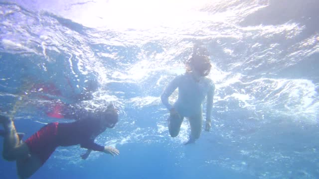 Boy and girl together to catch turtles under the sea