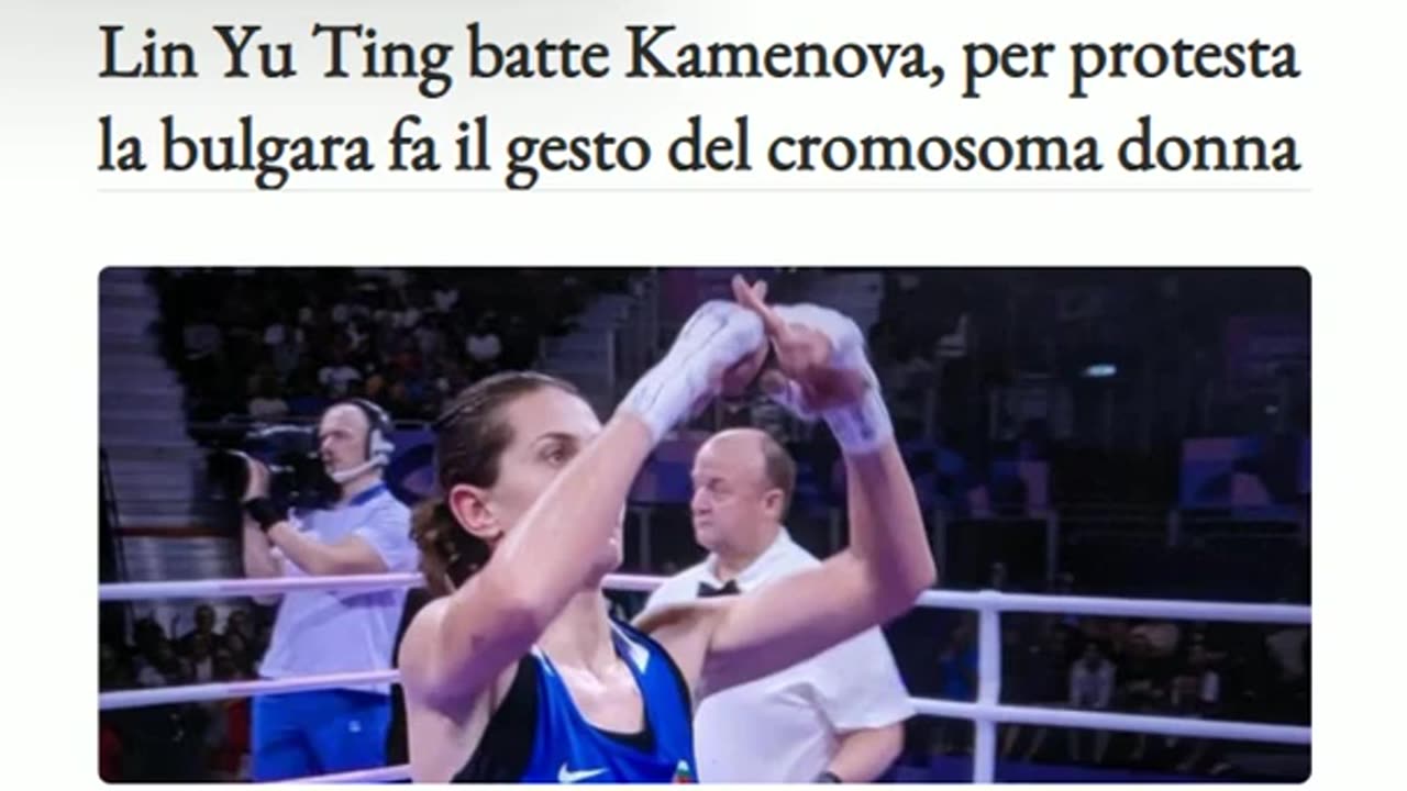 NOTIZIE DAL MONDO il pugile sodomita taiwanese Lin Yu Ting batte la pugile donna bulgara Kamenova che fa il gesto della X.il sodomita prenderà sicuramente una medaglia alle SODOMLIMPIADI di PARIGI 2024 nella cat.57 kg femminili