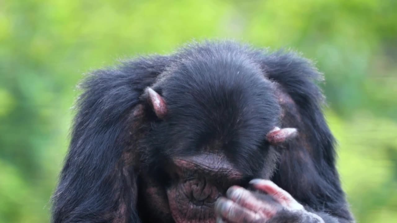 Close-up view of a chimpanzee in the savannah, in South Africa.